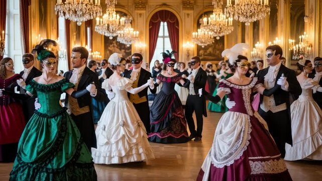 Elegant masquerade ball with couples dancing in vintage costumes, ornate ballroom setting,