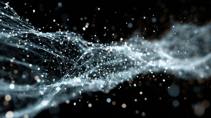 A flowing stream of digital particles forms a dynamic data current, symbolizing information transfer, connectivity, technology, and the abstract energy of modern networks.
