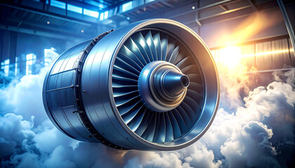 The Power of Propulsion: A close-up view of a sleek, powerful jet engine, gleaming metal and intricate design showcased against a backdrop of ethereal clouds and industrial setting.