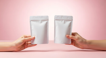 Hands Holding Blank White Bags on a Pink Background Ideal for Mockups and Product Presentation