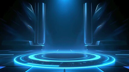Futuristic neon stage for presentations and award ceremonies with glowing concentric circles on a dark background