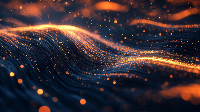 A flowing stream of digital particles forms a dynamic data current, symbolizing information transfer, connectivity, technology, and the abstract energy of modern networks.
