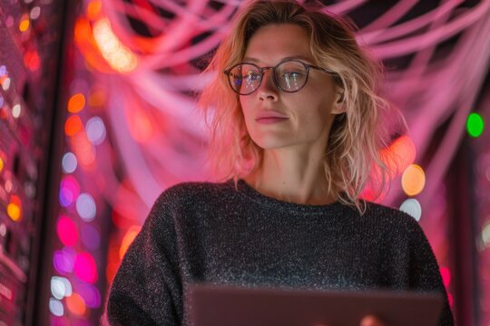 Guardians of the network: women in cybersecurity and data protection. Virtual connectivity. A strong presence in a controlled digital hub with soft glow. Neural connections. Cyber grid.