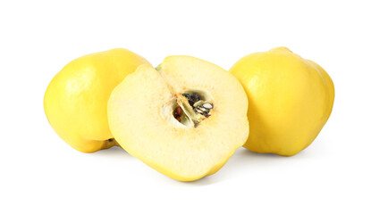 Whole and cut ripe quince fruits isolated on white