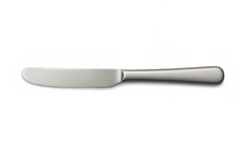 Metal serrated butter knife for dining and kitchen, used for spreading and serving food, top view, transparent background