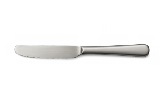 Metal serrated butter knife for dining and kitchen, used for spreading and serving food, top view, transparent background