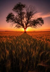 A vibrant sunset over a field of golden grain with a prominent tree silhouetted against the horizon its trunk framing the glowing sun