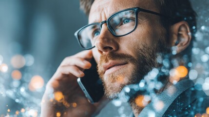 Digital age networking: unveiling a leader's undeniable smile. Network architecture. Dynamic office setting: executive's smile amidst urban backdrop. Intelligent grid. Connected systems.