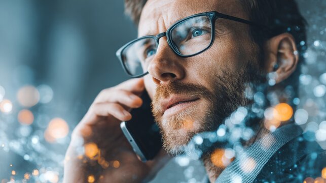 Digital age networking: unveiling a leader's undeniable smile. Network architecture. Dynamic office setting: executive's smile amidst urban backdrop. Intelligent grid. Connected systems.