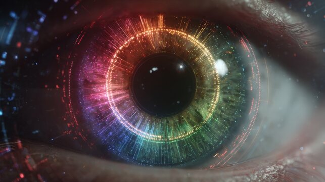 Prismatic vision: a journey into the iris of colorful creativity. Ai visuals. Exploring the chromatic harmony in the complexity of rainbow eyes. Neon interfaces. Tech visualization.
