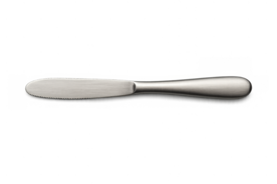 Butter knife with serrated edge and shiny metallic finish, cutlery for spreading on transparent background