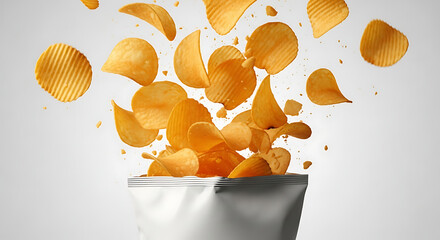 Deliciously Crisp Potato Chips Exploding Out of a White Bag in a Studio Shot with a Plain Background - Mouthwatering Snack Food Concept