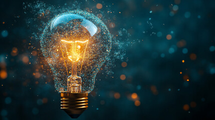 Light bulb made of pixels with floating ideas around symbolizing innovation creativity brainstorming digital thinking and conceptual visualization of imagination and modern idea generation