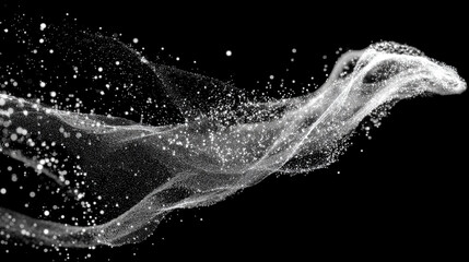 A flowing stream of digital particles forms a dynamic data current, symbolizing information transfer, connectivity, technology, and the abstract energy of modern networks.
