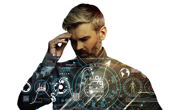 Thoughtful businessman on white background, multiple exposure with digital data - Powered by Adobe