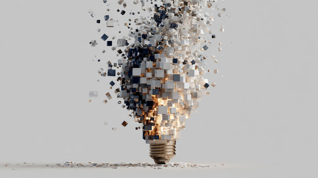 Light bulb made of pixels with floating ideas around symbolizing innovation creativity brainstorming digital thinking and conceptual visualization of imagination and modern idea generation