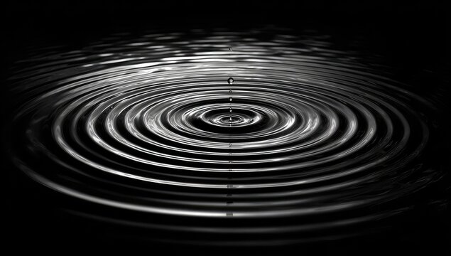 Droplet creates concentric ripple patterns in dark liquid surface