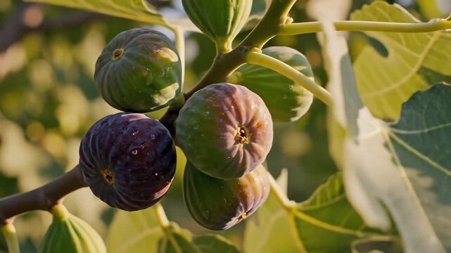 Beautiful Ripe Figs on a Tree Branch Bathed in Golden Sunlight.
