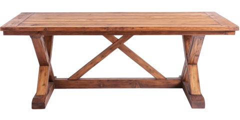 Rustic wooden table isolated on transparent background, showcasing its natural grain and sturdy construction, perfect for farmhouse or industrialchic interior designs