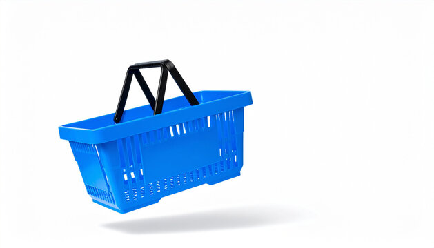 A bright blue plastic shopping basket with black handles suspended in the air against a white background, suggesting ease of use and accessibility