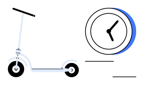 Electric scooter next to a clock with minimalist lines. Ideal for commuting, sustainability, urban mobility, time efficiency, eco-solutions, productivity, modern transport. A simple flat metaphor