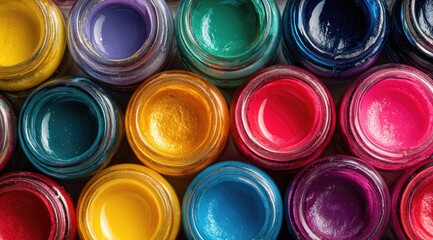 Colorful paints in glass jars, arrayed in neat rows