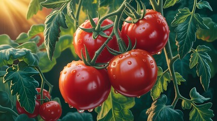 Isolated white background closeup of ripe red fresh organic tomatoes on the vine, a healthy fruit and ingredient