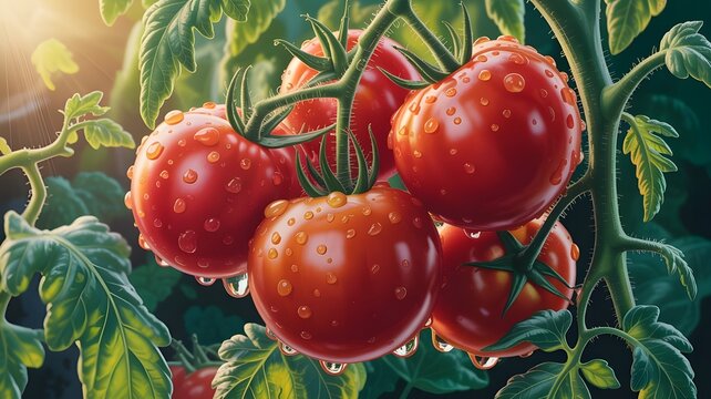 Fresh, ripe red cherry tomatoes on the vine in an organic garden