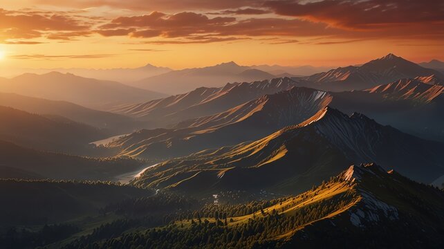 Golden hour light illuminates rugged mountain range, creating dramatic shadows and a majestic landscape.