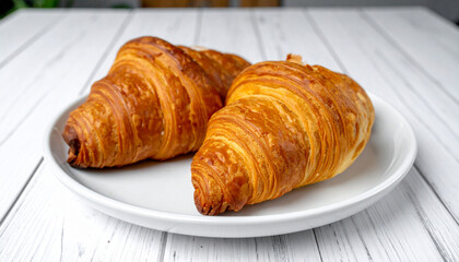 Two golden-brown croissants baked to perfection, presented on a clean white plate, ready to be enjoyed as a delicious breakfast or snack
