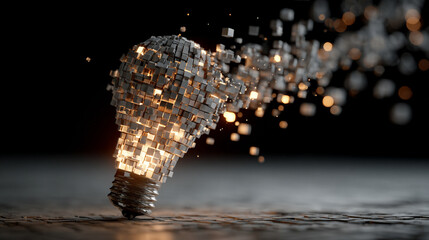 Light bulb made of pixels with floating ideas around symbolizing innovation creativity brainstorming digital thinking and conceptual visualization of imagination and modern idea generation