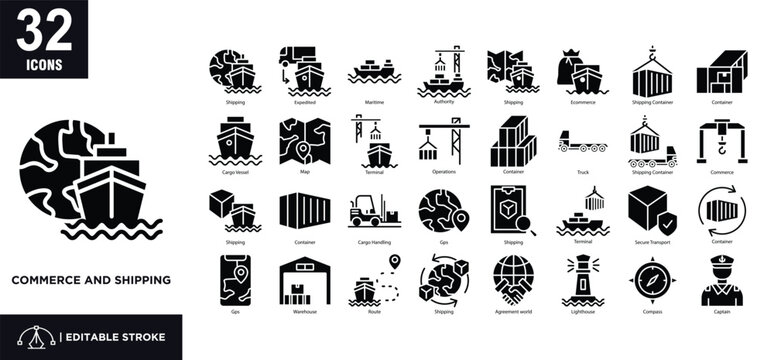 Commerce and shipping glyph icon set