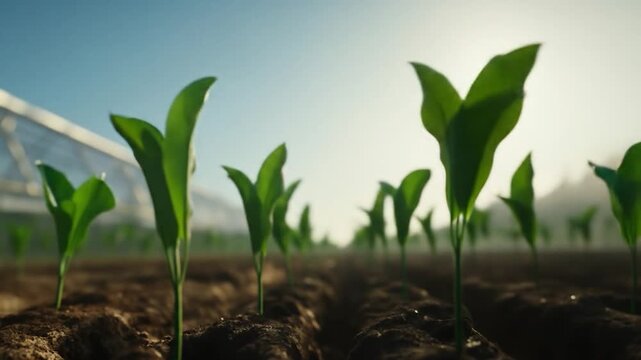 Young plants growing in cultivated soil under bright sunlight in an agricultural field
