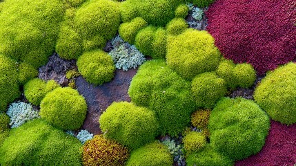 Bright vibrant colourful moss patches creating natural mosaic over uneven moist ground