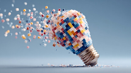 Light bulb made of pixels with floating ideas around symbolizing innovation creativity brainstorming digital thinking and conceptual visualization of imagination and modern idea generation