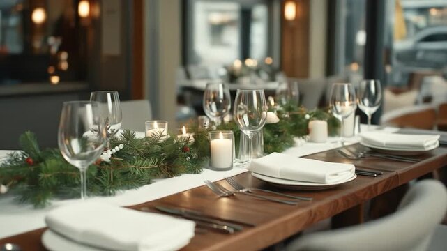 Elegant dining table setting with candles and festive greenery decor