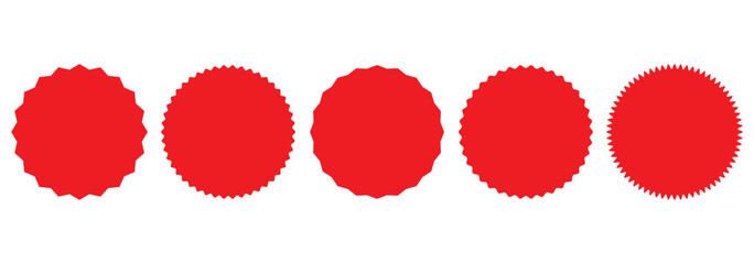 Set of red starburst. Price sticker, sale sticker, price tag, starburst, quality mark, retro stars, sale. Circle sticker set. Wavy edge promo red badges. Star burst shape tags for price. Red sale