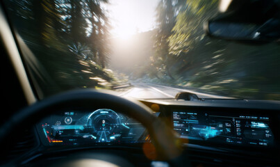 Driving through a sun-drenched forest with futuristic car technology.