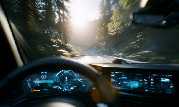 Driving through a sun-drenched forest with futuristic car technology.