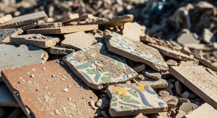 Waste materials include broken tile debris, littering environment due unsustainable disposal practices.