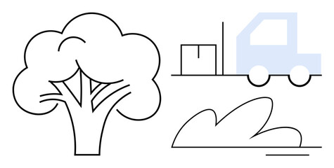 Truck carrying goods near tree and bush representing eco-friendly transport and nature preservation. Ideal for sustainability, transportation, logistics, environment, ecology, shipping, green