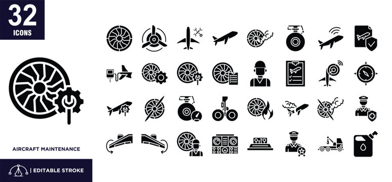 Aircraft Maintenance glyph icon set	