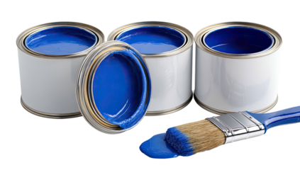 Three paint cans, one open, with brush; filled w/ blue