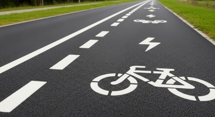 Obraz premium Cycle path marked for bicycles, including symbols for electric bikes, is seen on roadway. Cycle path markings ensure safety and organization for cyclists using roadway.