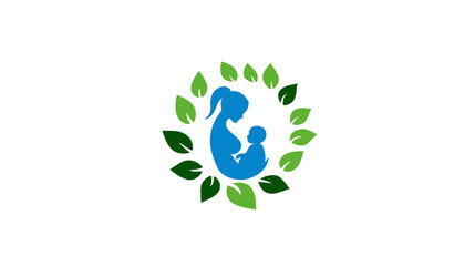 Mother and Baby Silhouette Logo Design encircled by Green Leaves, Symbolizing Natural Care, Health, and Family Well-being