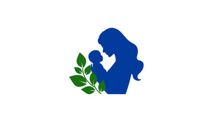 Mother and baby silhouette icon with green leaves, symbolizing maternal love, nurture, health, family, and natural growth.