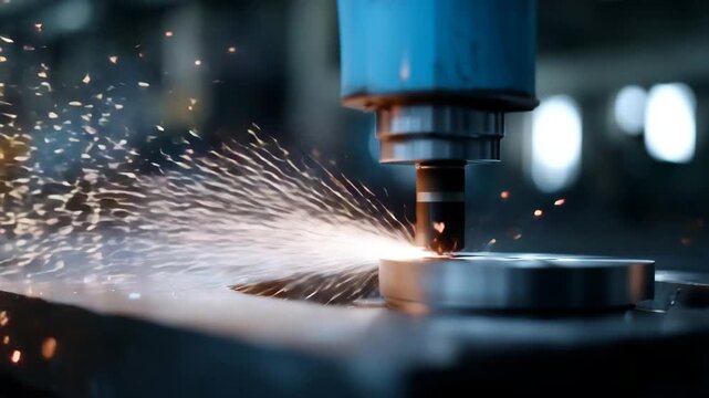 4K Close-up of industrial CNC machine tool creating sparks while grinding metal concept of innovation