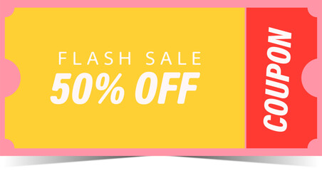 Flash sale 50% off discount coupon banner yellow and red design