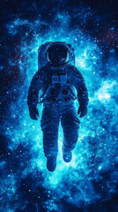 A lone astronaut silhouette stands within a glowing digital galaxy, surrounded by neon star clusters, holographic constellations, and swirling data-light formations.