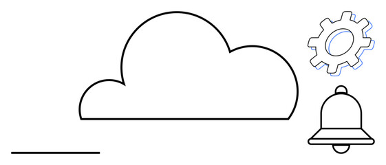 Cloud outline with a bell and gear icon representing digital connection, notifications, system settings. Ideal for technology, data management, online storage, system alerts, software updates
